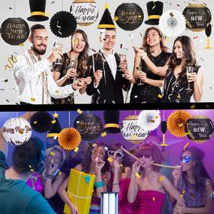2026 Feliz Año Nuevo, farolillos de papel colgantes blancos y dorados negros, abanicos de papel, sombrero de copa de vino, juego de bolas de panal, recuerdo de fiesta - Product Image 2
