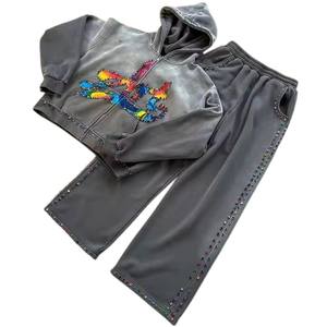 ชุดวอร์มมีฮู้ดแบบมีซิปติดโลโก้ออกแบบได้ตามต้องการมีฮู้ดทรงหลวมกางเกงมีฮู้ดซักด้วยกรดชุดวอร์มพิมพ์ DTF เต็มรูปแบบ - Product Image 1