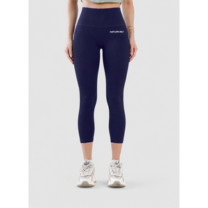 Leggings de compression sans couture taille haute mi-mollet bleu marine avec logo lettre Hyperflex – Leggings de yoga thermiques sans couture bleu marine effet ventre plat - Product Image 1
