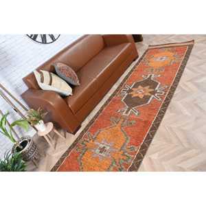 2.9x10.2 ft Vintage Patchwork Runner Rug Eco-Friendly Orange <b>Brown</b> Turkish Solid <b>Wool</b> with Latex Backing - Product Image 4