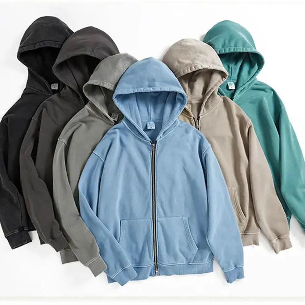 2023 OEM ağır ağırlık Hoodies kalın erkek battaniye Blend fermuarlı kapüşonlu eşofman üstü erkekler kazak Vintage asit yıkama katı Hoodie erkekler için