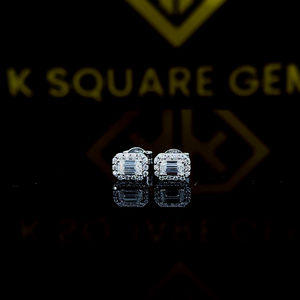 Halo <b>Emerald</b> Cut Moissanite Earrings, <b>Emerald</b> <b>Stud</b> Earrings, Push Back Earrings, Wedding Earrings for Women, 10k White Gold - Product Image 6