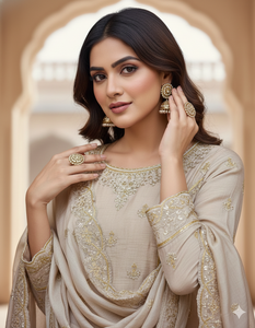 Conjunto de Salwar Kameez de Seda con Bordado Beige para Mujer, Incluye Dupatta, Ropa India y Pakistaní Estilo Bollywood - Product Image 5