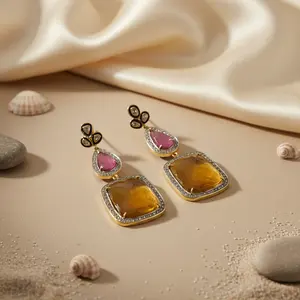 Pendientes de Lujo para Mujer con Baño de Oro, Rubí y Zafiro, Joyería de Moda - Product Image 2
