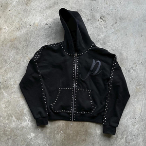 Custom <b>Black</b> Drop Shoulder Heavyweight <b>Hoodie</b> 100% Cotton French Terry <b>Zip</b>-<b>Up</b> with Rhinestone Rivet Design for Men - Product Image 1