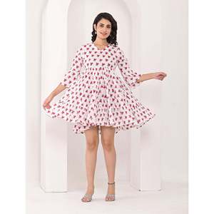 Vestido de Algodón Estampado a Bloques en Blanco y Rojo, Transpirable, Informal, para Fiestas, Tallas XS a XL, para Clubes y Uso Diario - Product Image 4