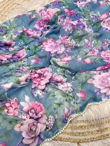 ส่าหรีสีฟ้าพิมพ์ลายดอกไม้สวยงามเสื้อสตรีมีสไตล์สุดพิเศษเสื้อผ้างานเทศกาลงานแต่งงานแบบแฟนซีสำหรับผู้หญิง - Product Image 3