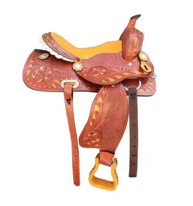 Lightweight Yellow Floral Tooling Western Barrel Leather Horse Saddle Tack With Headstall , Reins & Breast-collar Set