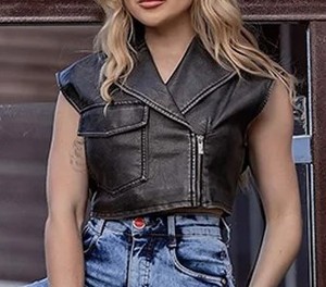 Chalecos de Diseño Corto Personalizados para Mujer, Venta al por Mayor, Chaleco de Piel de Oveja, Chaleco de Cuero Auténtico con Cremallera, Chaleco de Moda - Product Image 3