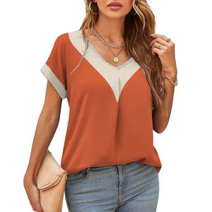 Venta caliente de las mujeres de cuello en V de manga corta Camisetas 100% de algodón transpirable estilo Casual al por mayor con la etiqueta del logotipo personalizado para el verano - Product Image 6