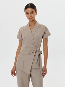 Conjunto de Uniforme Médico para Mujer, Color Beige, Estilo Denim, Top Cruzado con Cuello en V y Pantalones, Tejido de Punto, para Uso Hospitalario - Product Image 3
