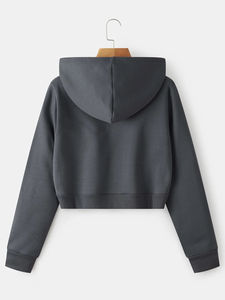 Femmes à manches longues haut court sweat à capuche de gymnastique coupe ajustée conception d'épaule goutte imprimé toile automne saison couleur unie pull à capuche - Product Image 6