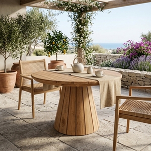<b>Outdoor</b> Solid Teak Wood <b>Round</b> Dining Set Fluted Pedestal <b>Table</b> Woven Rattan Webbing Armchairs Garden Furniture Setup Decor - Product Image 3