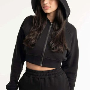 Sudadera Corta con Capucha, 500 g/m², Algodón, Color Sólido, Hombros Caídos, Estilo Holgado, Sudadera Corta Holgada para Mujer - Product Image 2