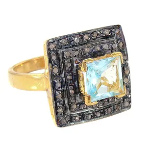 Women's <b>Statement</b> <b>Ring</b> with Blue Topaz & Black Diamonds Yellow Gold Oval Cut Rhodium Plated - Product Image 2