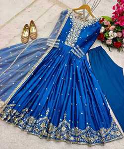 DERNIÈRE BLEU SATIN SOIE BRODERIE SEQUENCE TRAVAIL PISHWAS ANARKALI ROBE BAS USURE DE MARIÉE PRIX DE GROS VÊTEMENT ETHNIQUE - Product Image 3