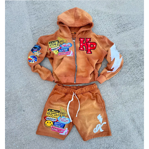 Custom Embroidery logo <b>Men's</b> Oversize Sun Faded Distress Acid Wash Zipper Boxy Cropped Hoodie and <b>Sweat</b> <b>Shorts</b> <b>Sweat</b> Suits <b>Men</b> - Product Image 1