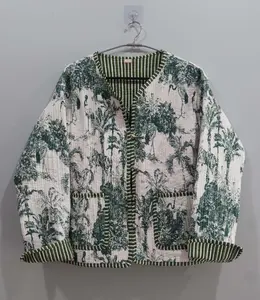 Women's Reversible Cotton Quilted Jacket Hand Block Print Indigo Coat with Short Style Women's Coat - Product Image 1