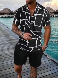 Moda Casual Hombres Terry Twin Set Beachwear Ajuste relajado Traje de dos piezas con camisa estampada y pantalones cortos para vacaciones de verano - Product Image 2