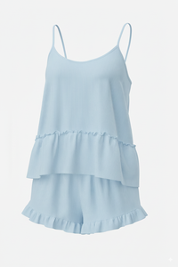Ribbed Knit Woven Ruffle Hem Camisole Shorts Set Women Trendy <b>Pajama</b> Sleepwear Lounge Front Logo OEM Factory Direct - Product Image 4