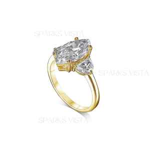 Anillo de Compromiso y Aniversario Clásico de Oro de 10K/14K/18K con Tres Piedras de Moissanita Creada en Laboratorio con Corte Marquesa y Certificado GIA - Product Image 2