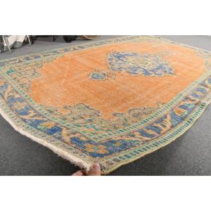 Alfombra de lana turca vintage de 5 pies, 7 pulgadas x 9 pies, naranja y azul, tejido plano rectangular clásico con patrón de retazos con respaldo de látex - Product Image 5