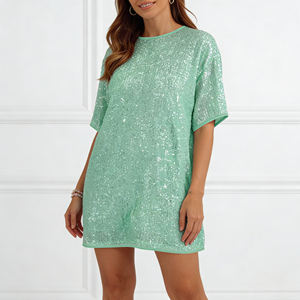 Article populaire Temu Robe tunique de printemps coupe trapèze vert clair à sequins et manches évasées, en tissu brillant et scintillant, taille naturelle, décontractée, écologique - Product Image 1