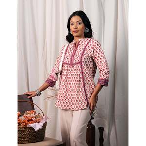 Blusa de Algodón Blanca y Rosa para Mujer, Estampada a Mano, con Cuello Asimétrico, Larga, con Bordado Floral, Tela Popelina, Talla XL - Product Image 5