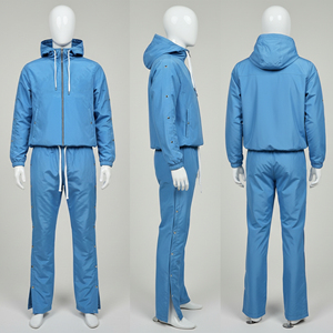 Loose Hooded Solid Eco-Friendly Streetwear Unisex Side Pockets Flared Nylon Sweatsuit Set for Men - Product Image 1