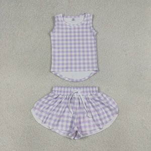 Ensemble haut et short à carreaux lavande sans manches pour bébés filles, vêtements de yoga - Product Image 1