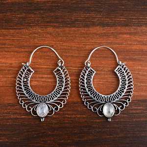 Nuevos Pendientes de Aro Boho de Moda 2024, Joyería Tribal de Latón para Mujer, Acabado Plateado Oxidado, Dijes de Filigrana con Piedra Lunar, Venta al por Mayor/OEM/ODM - Product Image 1
