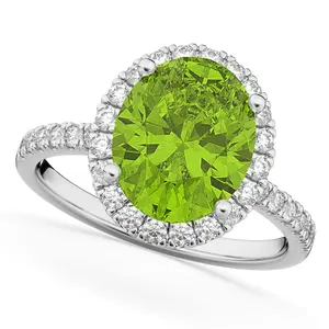 Oval Cut Green Gemstone Peridot Ring With Real Diamond 14k White Gold Wedding Gift Cluster Party Wear Luxury Designer Ring