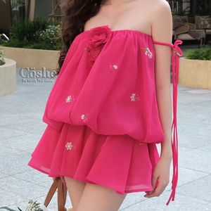 Coshe Aurora ชุดมินิเดรสพองลายดอกไม้หรูหราสไตล์เกาหลีชุดน่ารักหวานๆสำหรับผู้หญิงปาร์ตี้ฤดูร้อนใส่ทุกวันทำจากผ้าชีฟอง - Product Image 1