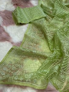 Meilleur tissu, dernière collection, qualité exceptionnelle, sari en soie avec blouse, travail de broderie Lucknowi Chikankari, prix le plus bas à la vente - Product Image 5