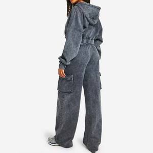 Logo personnalisé Vintage lavage à l'acide 2 en 1 poids lourd hiver sweat à capuche zippé pour les femmes 100% coton - Product Image 4