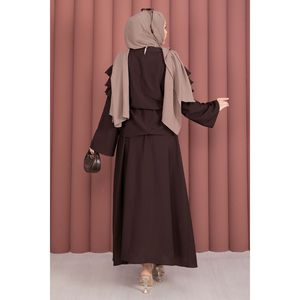 Ensemble jupe en crêpe marron café deux pièces avec short évasé taille XS, haut à volants et haut superposé style club - Product Image 5