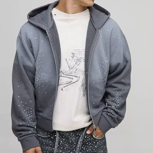 Ensemble de survêtement streetwear en coton mélangé respirant, avec sweat à capuche zippé et pantalon évasé, orné de strass délavés effet soleil, personnalisable par le fournisseur OEM - Product Image 1