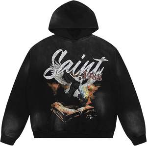 Vente en gros Sweats à capuche noirs épais délavés à l'acide pour hommes Impression DTG personnalisée de haute qualité Coton respirant brodé à rayures matelassé - Product Image 1