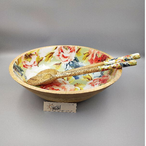 Cuenco de madera de mango con exterior blanco con estampado floral de tulipán colorido, incluye cucharas para servir a juego, al por mayor - Product Image 2