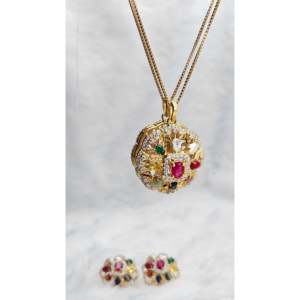 Navratna Pendant with <b>Ruby</b> Elegant Set Including Earrings - Product Image 4