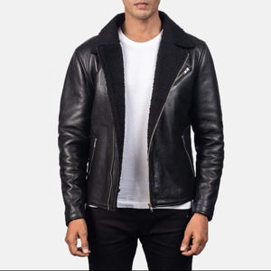 Nouvelles vestes en cuir à la mode pour hommes au design personnalisé Manteau en cuir doublé de fourrure noire en peau de mouton véritable de haute qualité pour l'hiver - Product Image 2