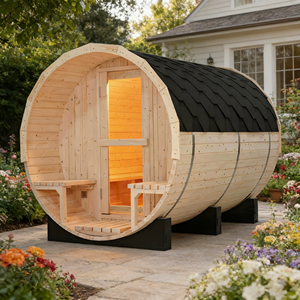 Sauna en baril de pin blanc de haute qualité avec poêle 6KW, 6 places, toiture imperméable et 2 sièges de porche - Product Image 2