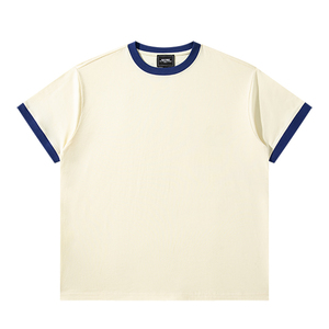 เสื้อยืดผ้าฝ้ายแขนสั้นสำหรับผู้ชายเสื้อยืดคอตตอนลายตะเข็บสีตัดกันเสื้อยืดผู้ชายโลโก้แบบออกแบบได้ตามต้องการ - Product Image 1