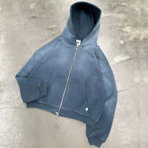 Sweat à capuche personnalisé 100% coton à fermeture éclair Double fermeture éclair Vintage lavé 400gsm ourlet court lavage à l'acide à capuche pour hommes - Product Image 3