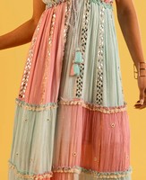 Glamours Chic Dazzling Mirror Work Bohemian Inspired Women Bling Party Maxi Dress Avec Smocked Back & Multi Tiered Playful Vibe