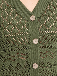<b>Women's</b> Organic Cotton V-Neck <b>Cardigan</b>-<b>Short</b> Sleeve Pointelle Knit-Sustainable Hollow Blouse Buttons Translucent Ruched - Product Image 3