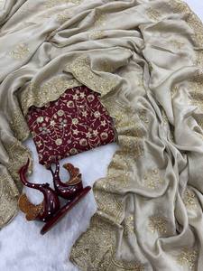 Exclusivo Sari de Seda Rangoli Color Oro Champán con Bordado de Lentejuelas Zari y Pañuelo a juego en Rojo Intenso, Diseño Bollywood, Largo hasta el Suelo, Ideal para Fiestas - Product Image 3
