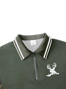 Camiseta Polo de Estilo Camuflaje con Costuras, Media Cremallera, Estampado de Cabeza de Ciervo, Estilo Casual de Caza para Hombre, Mangas Cortas - Product Image 3