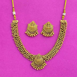 <b>Artificial</b> Fashion <b>Jewellery</b> Wholesalers in India Antique Temple Necklace With Matte Gold Plating - Product Image 1