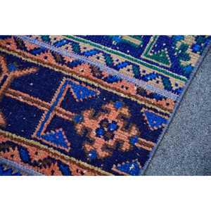 Alfombra Turca, Alfombra de Pasillo de 2.8x10.7 pies, Alfombra Vintage Azul de Lana del Suroeste - Product Image 5